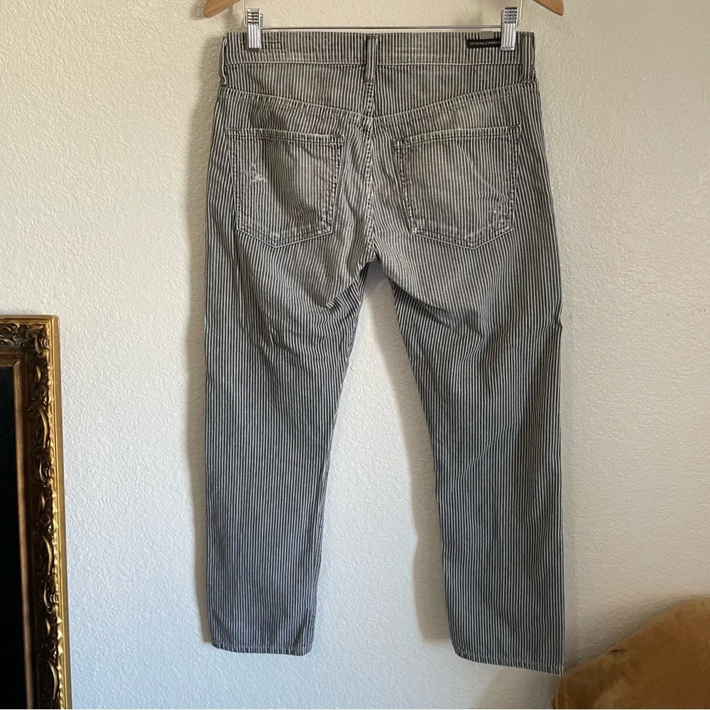 Citizens of Humanity Pinstripe Dylan Boyfriend Distressed Jeans Ankle Crop Grey